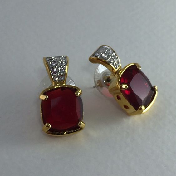 Vintage Red Glass Gold Zirconia Earrings