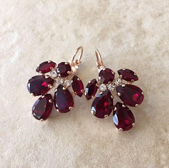 Vintage Red Crystal Leaf Earrings