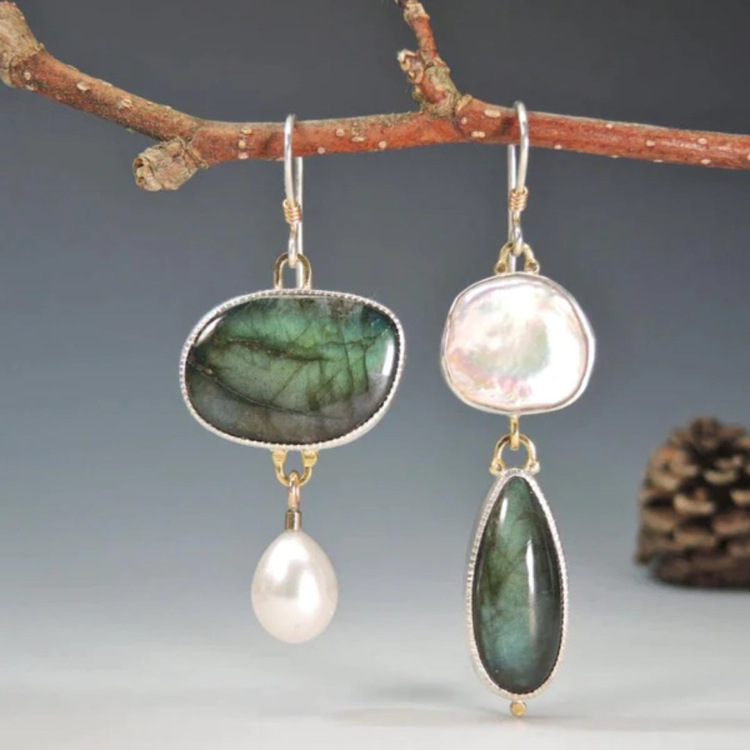 Vintage Green Stone Pearl Earrings