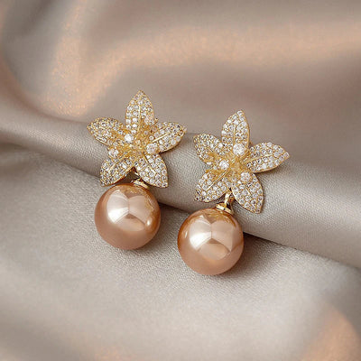 Rose Gold Pearl Flower Drop Earrings