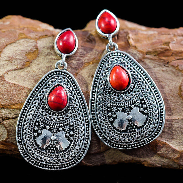 Boho Red Natural Stone Earrings in Silver