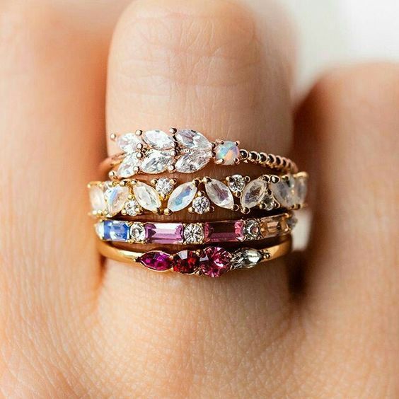 Vintage Colorful Leaf Crystal Ring Set