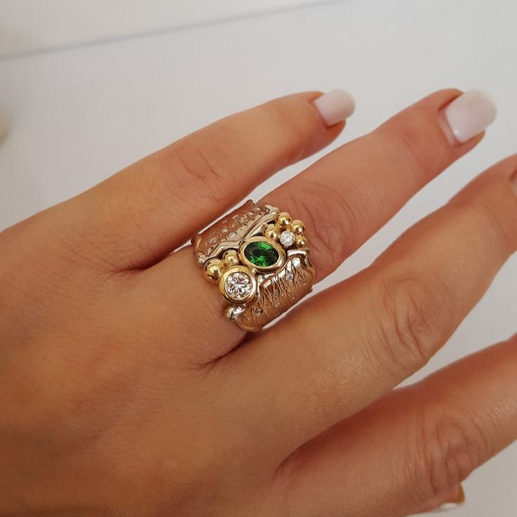Vintage Green Zirconia Forged Gold & Silver Ring