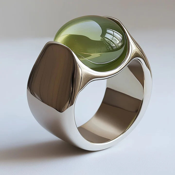 Green Olive Round Glass Static Ring