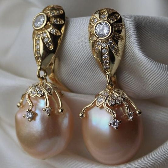 Vintage Rose Pearl Zirconia Gold Earrings