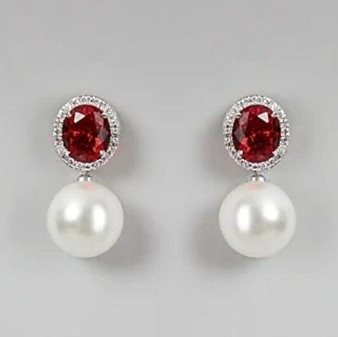Vintage Pearl & Red Zirconia Earrings
