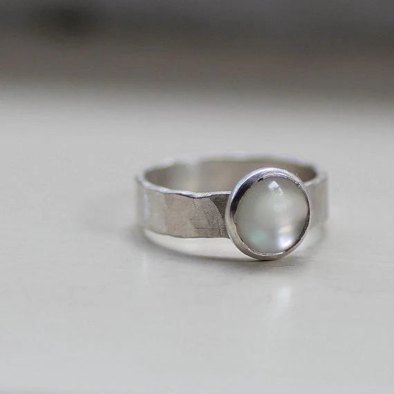 White Stone Rounded Silvered Ring