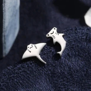 Mismatched Kawaii Hammerhead Shark and Manta Ray Stud Earrings