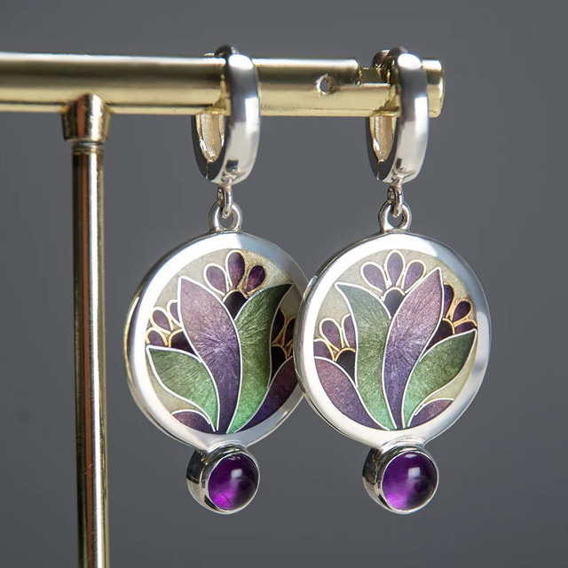 Boho Earrings with Purple Crystals in Sterling Silver