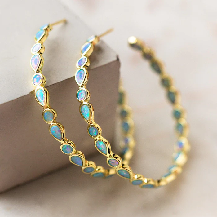 Vintage Blue Opal Golden Hoop Earrings