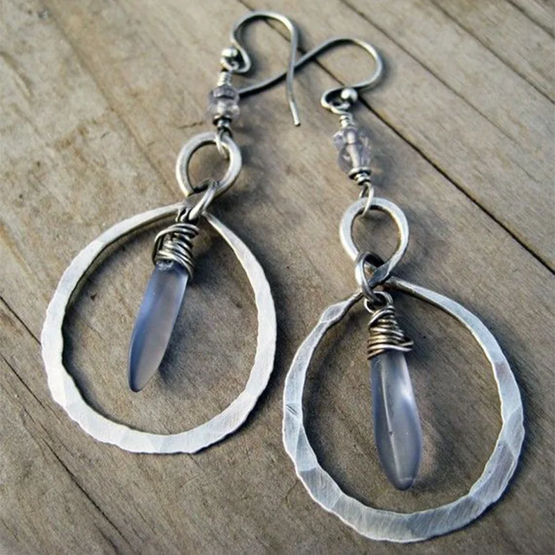 Vintage Hollow Circle Blue Crystal Earrings