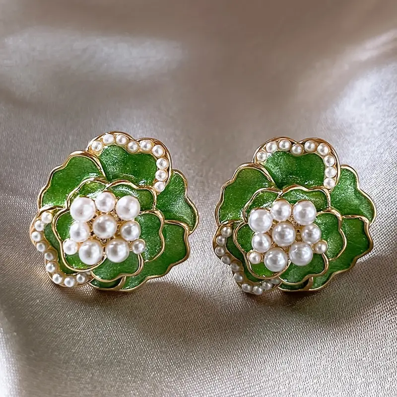 Green Enamel Earrings with Elegant Pearls