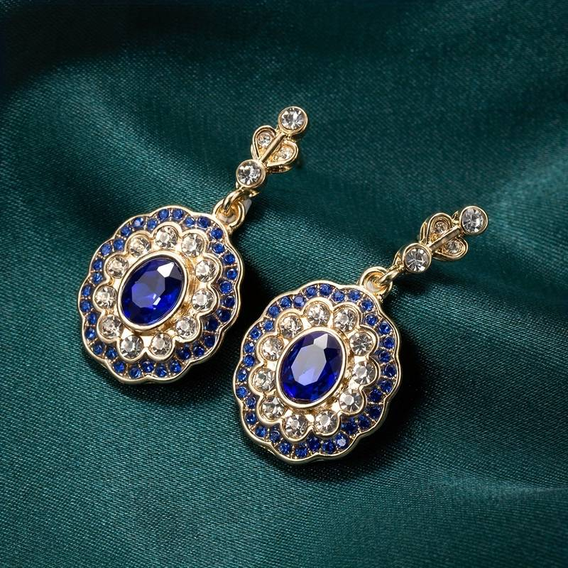 Blue Crystal Mandala Earrings on Vintage Gold